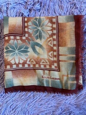 Ralph Lauren Floral-Check Wool Scarf in Rust, Teal & Cream